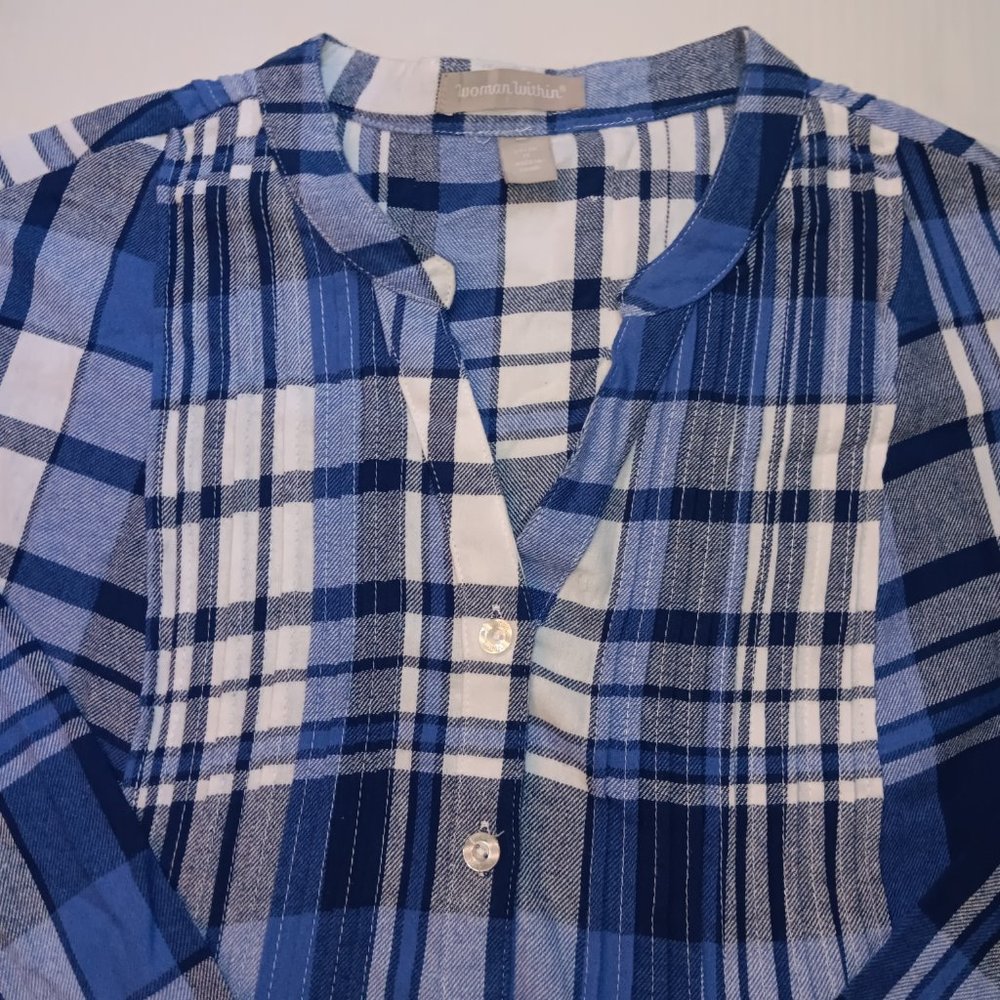 WOMAN WITHIN PINTUCKED FLANNEL PLAID PRINT BUTTON DOWN SHIRT - Picture 3 of 10